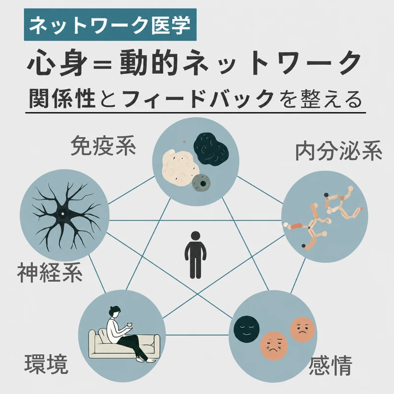 ネットワーク医学：心身は神経系・免疫系・内分泌系・感情・環境がつながった動的なネットワークで、関係性とフィードバックを整えるという考え方