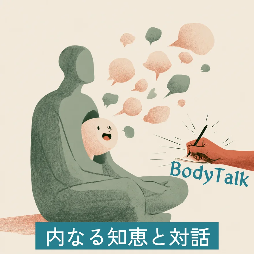 内なる知恵と対話：座っている人の胸のなかにいる内なる知恵がたくさんのふきだしを出してしゃべり、その内容を手が書きとめている