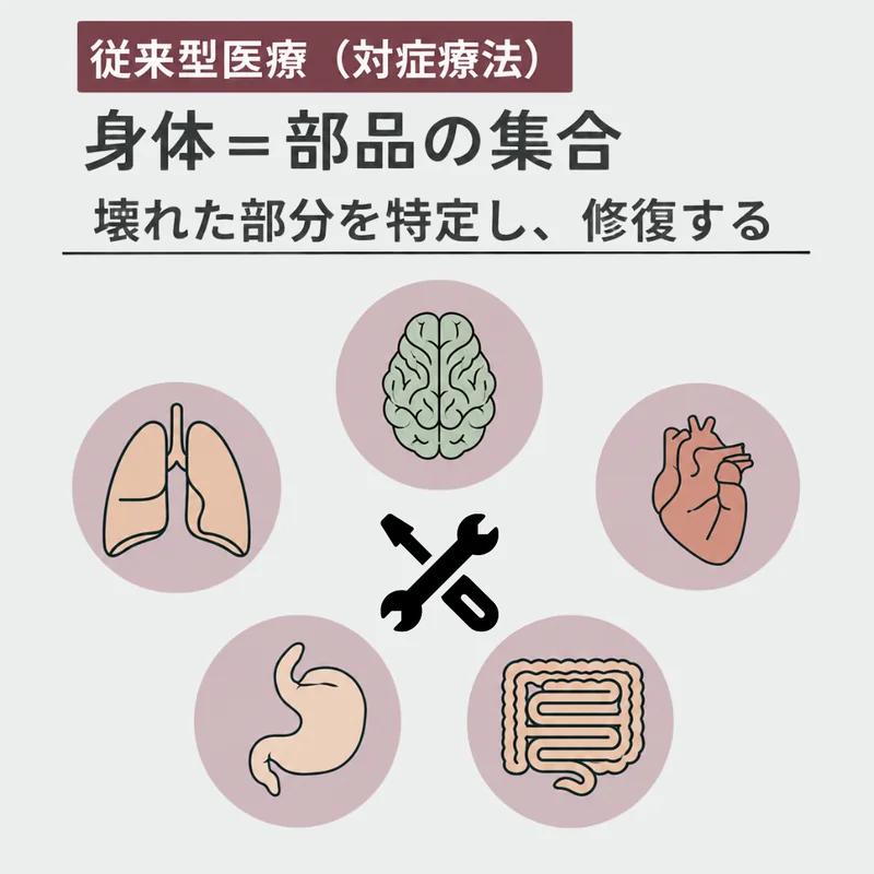 従来型医療(対症療法)：身体は部品の集合で、壊れた部分を特定して修復するという考え方